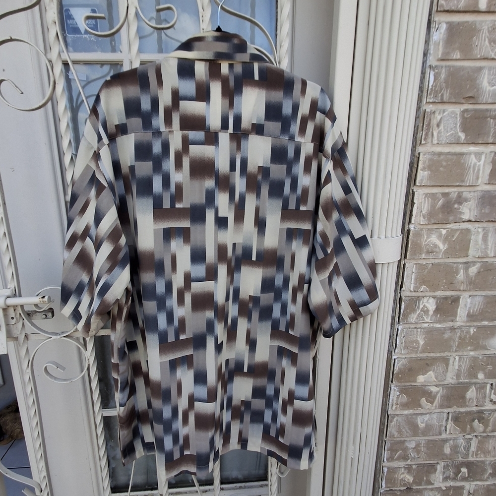 Mench Platinum Men XL Tan Windowpane Short Sleeve Polyester Button-down Shirt - Picture 6 of 13